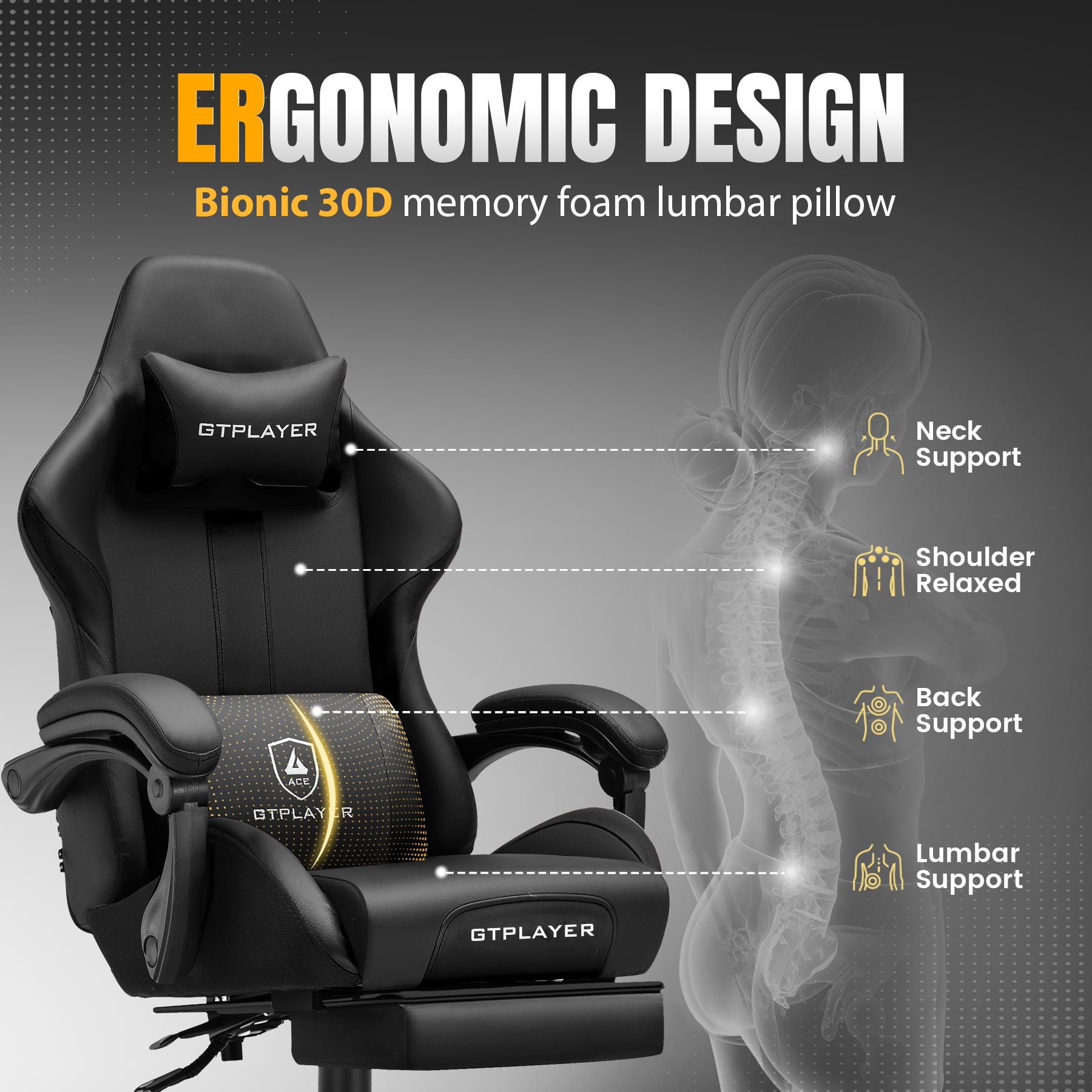 GTPLAYER Ergonomic Gaming Chair with Footrest and Lumber Support for Adults, Black