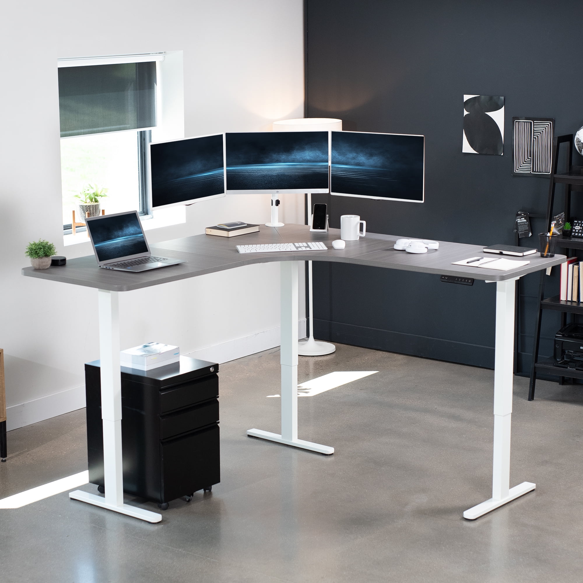 VIVO Dark Gray / White Electric 71" x 71" Curved Corner Stand Up Desk