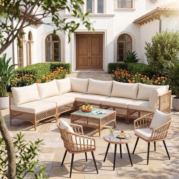 MaagorVita 10Pcs Outdoor Patio Furniture Set, Modular Outdoor Sectional, Modern Rattan Wicker Sofa Set with Two Chairs and Washable Thick Cushions, Beige Cushion