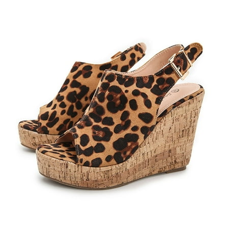 Summer Savings Clearance 2024! TAGOLD Sandals for Womens Dressy Summer Sandals Womens  Women Shoes Casual Peep Toe Wedges Super High Heels Buckle Strap Sexy Leopard Sandals
