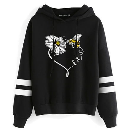 Fancyleo Unique Design Let It Bee Letter Printed Sunflower And Bee Pattern Hoodie Women Casual Long Sleeve Hooded Sweatshirt