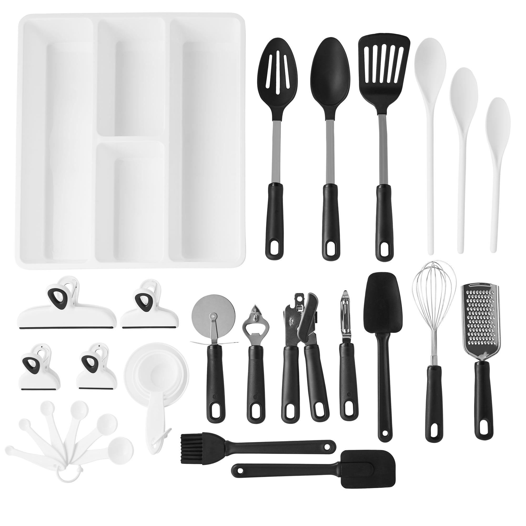 Mainstays 30-Piece Kitchen Gadget Set with Cooking Utensils, Measuring Cups, Clips, and Drawer Organizer, Black/White