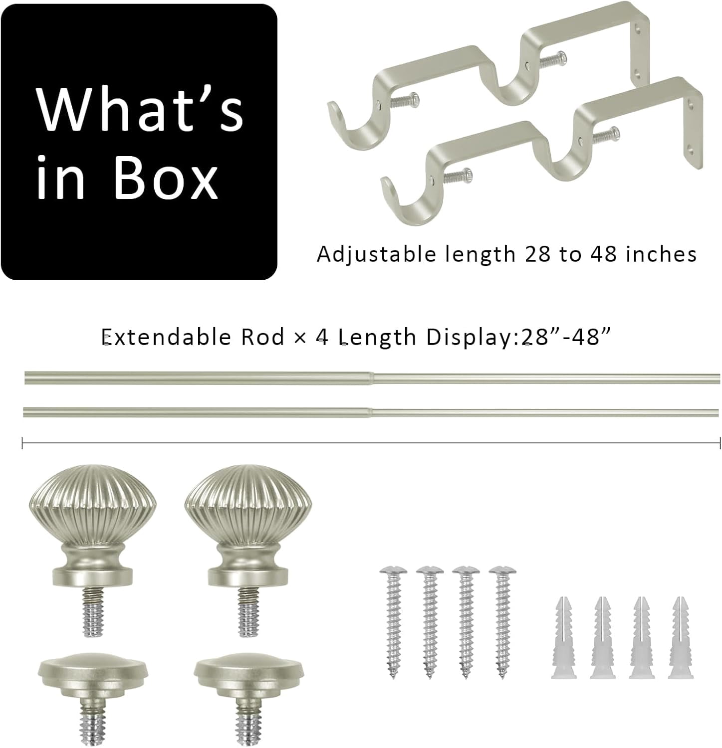 eTeckram 5/8" Double Curtain Rod with Bateau Finials,Pewter,28‘’-48‘’