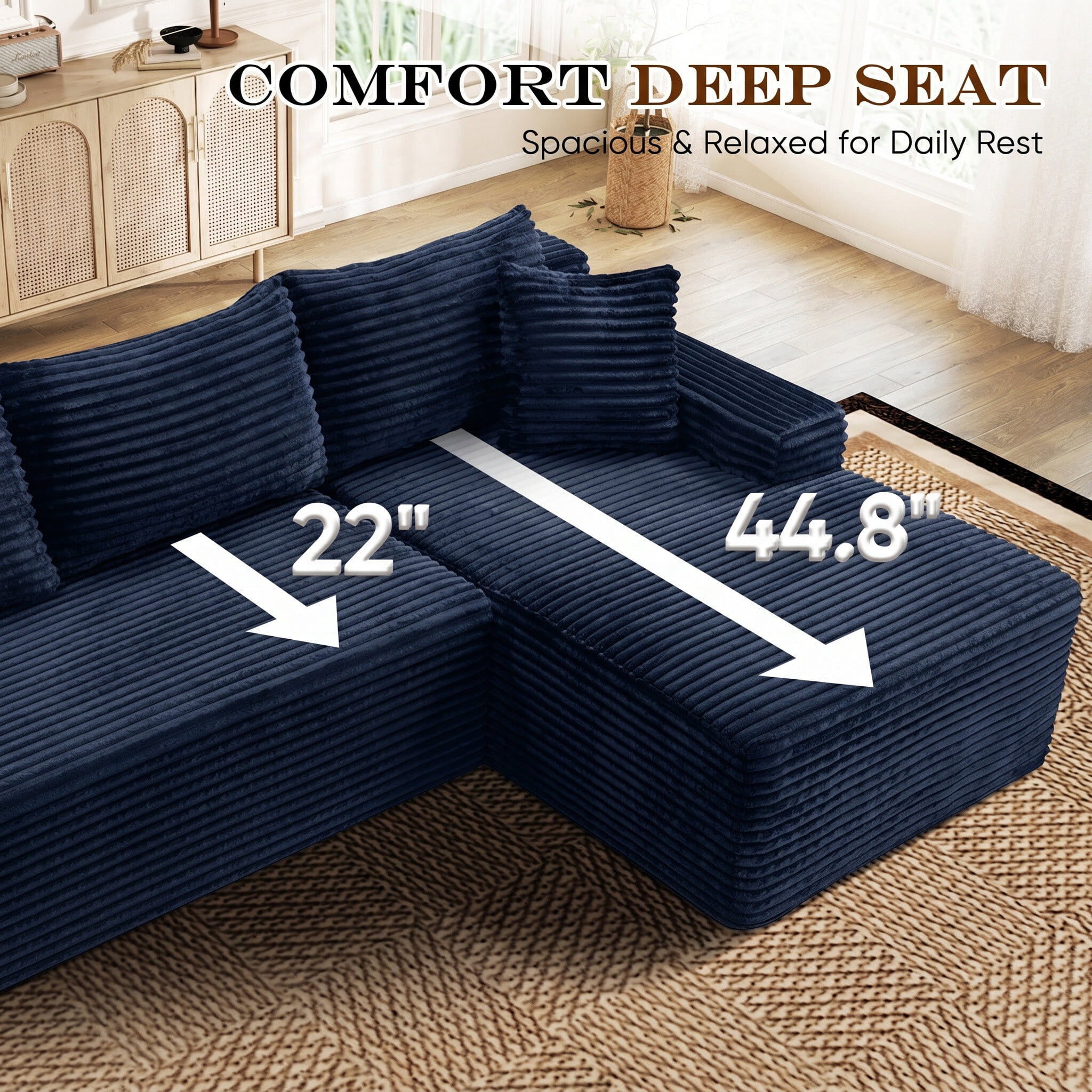 Lunale Small Modular Sectional Sofa with Movable Chaise, L-Shaped Boneless Cloud Couch for Living Room, Blue (Right Facing Chaise)