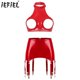 thumbnail image 2 of Conjunto de lencería Sexy de charol con aspecto mojado para mujer, cuello Halter, espalda descubierta, busto abierto, copas abiertas, sujetador, Tops con ligas con cremallera, ropa para discoteca, 2 of 5