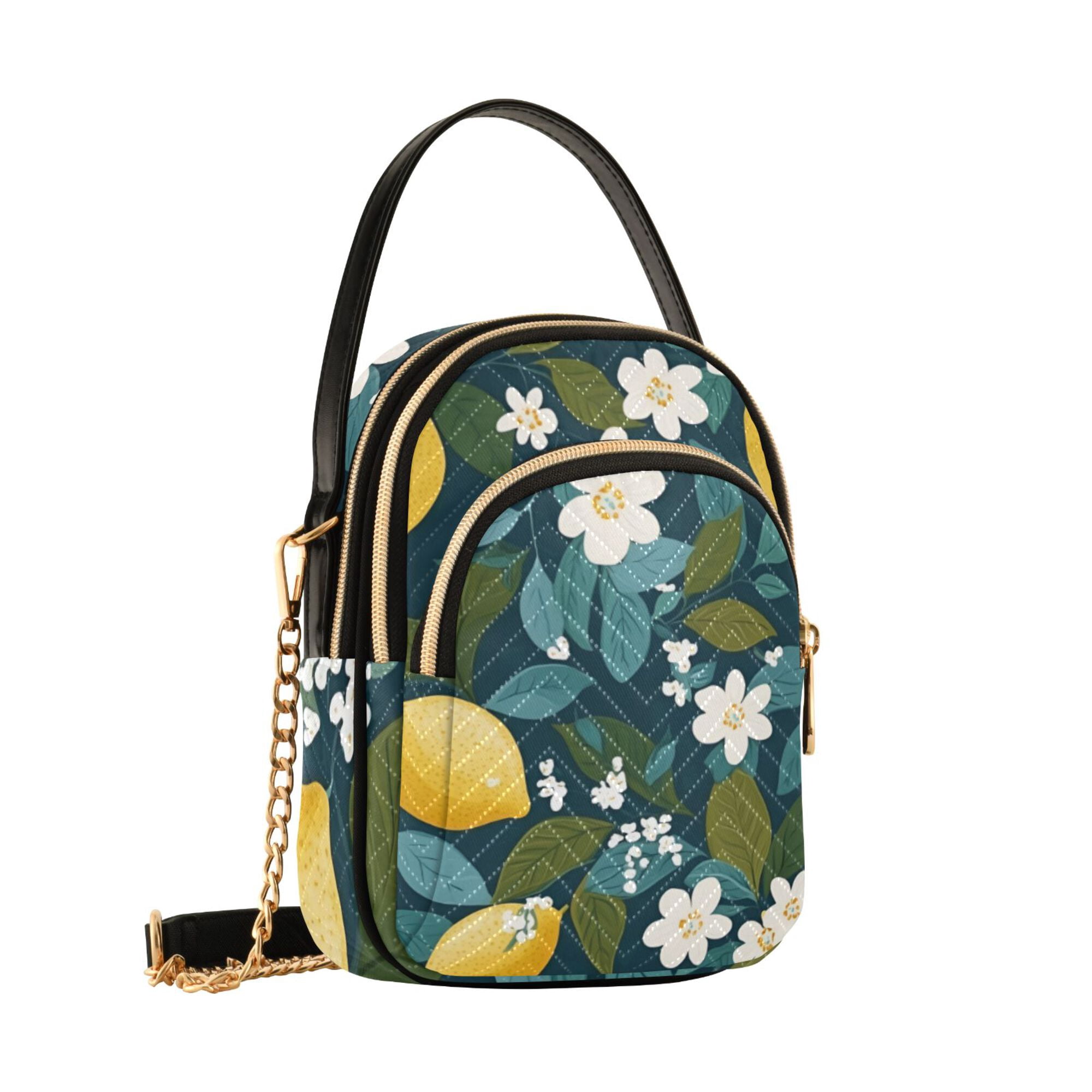 FORMRS Crossbody Bag for Women Quilted Travel Shoulder Cell Phone Purse with Chain Strap Handbag, Green Lemon Leaves