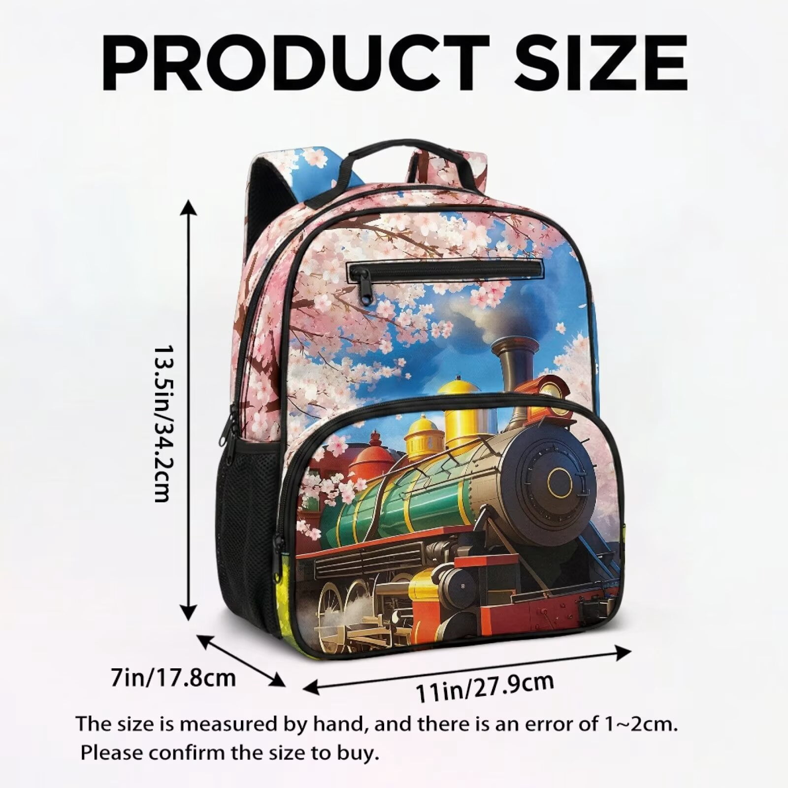 Pzuqiu Cherry Blossom Steam Train 13.5 Inch Kids School Backpack Breathable Lightweight Bookbag for Boys Girls Preschool Kindergarten Daycare with Adjustable Padded Straps