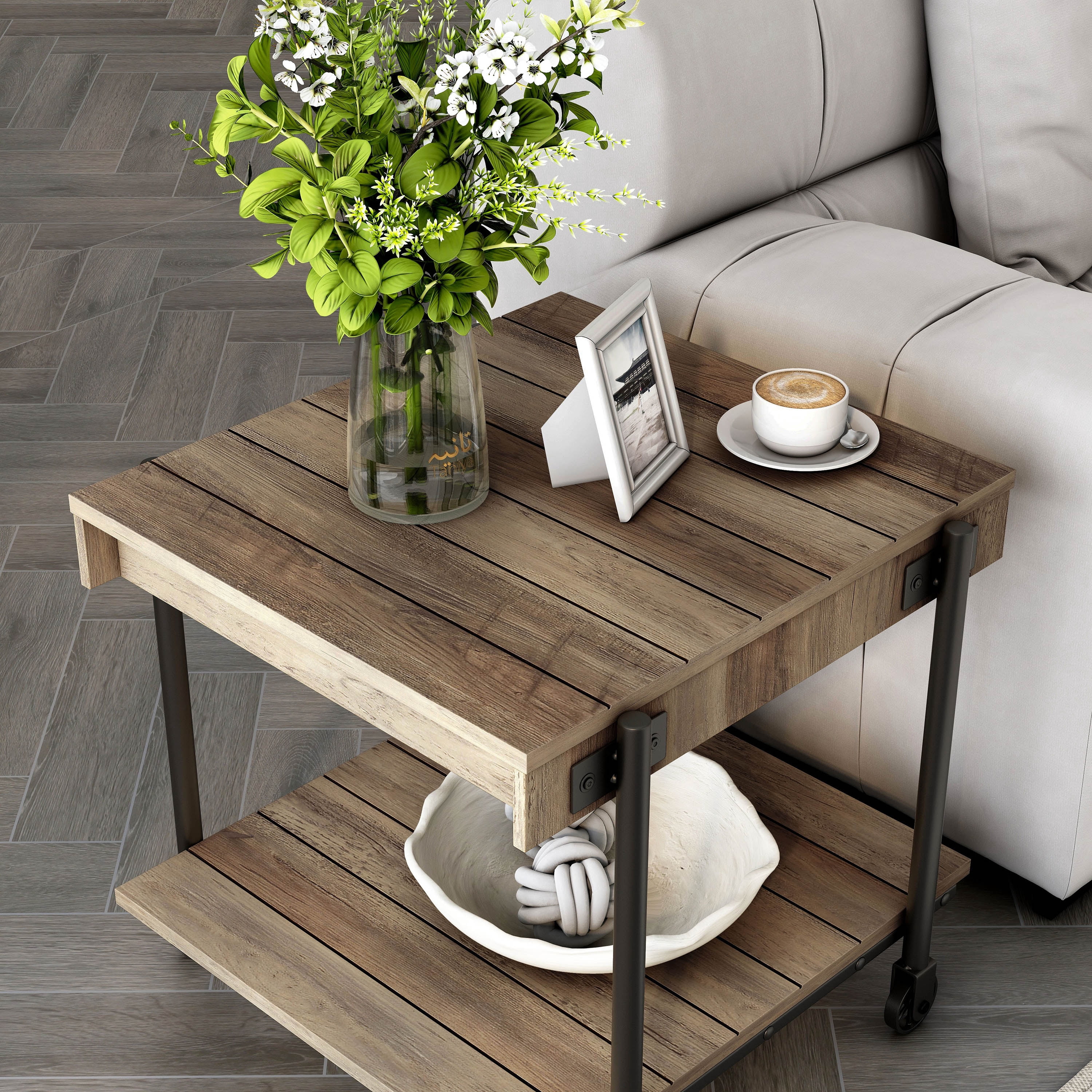 Furniture of America Russe 1-Shelf Wood Rustic Oak End Table with Wheels