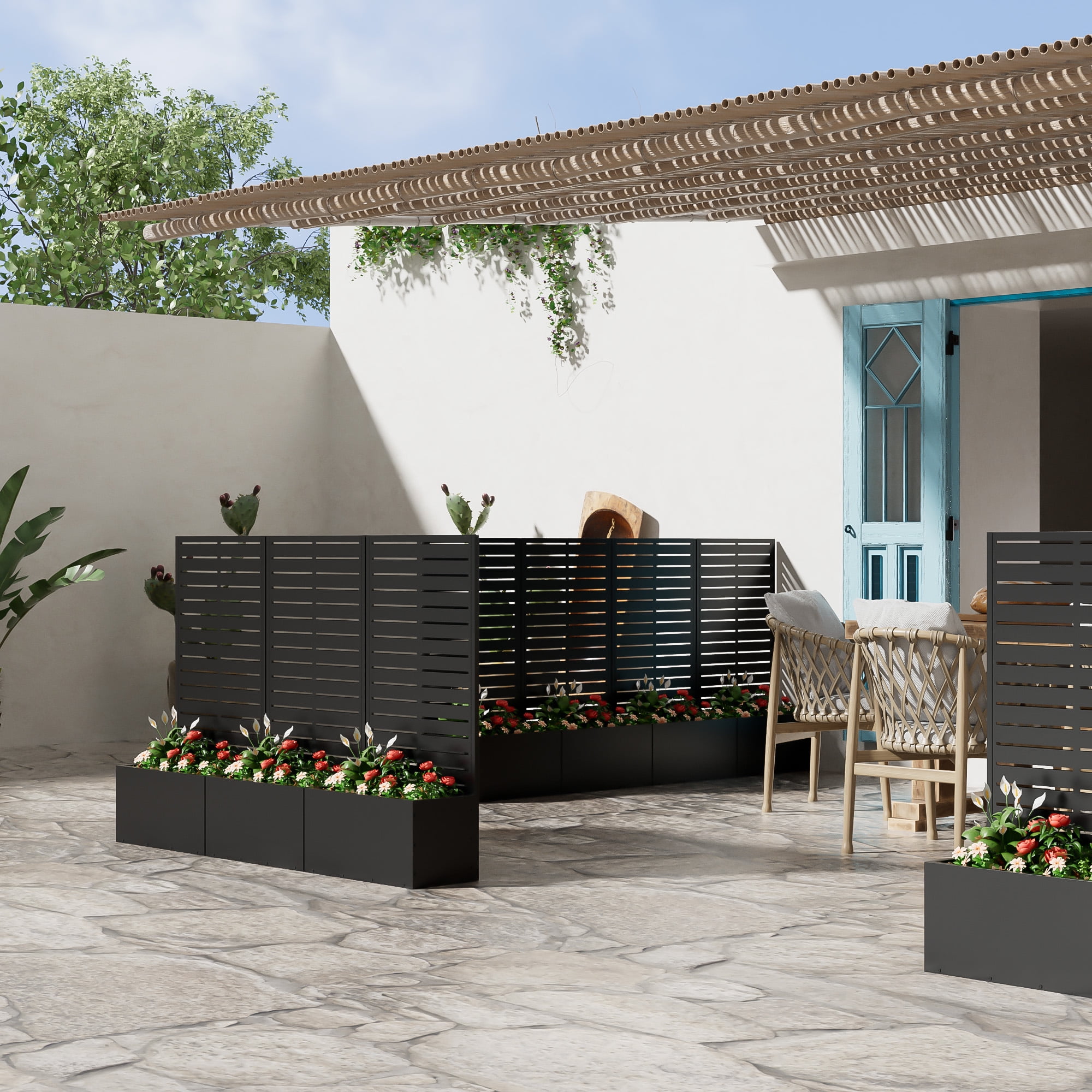 MAYEERTY 2-Set 47*24" Outdoor Black Metal Planter Box with Trellis for Climbing Plants, Louvered Panel