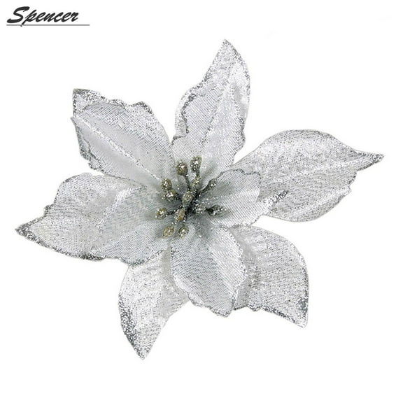 Spencer 24Pcs 5.91" Glitter Artificial Christmas Flowers Wedding Christmas Tree Wreaths Ornament Decorations Home Decor "Silver"