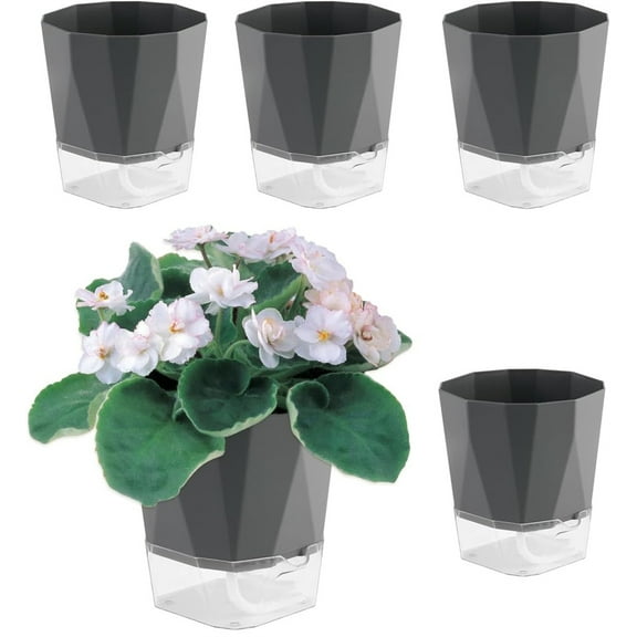 NOGIS 4 Pack Self Watering Plant Pots 5" Self Watering Planters for Indoor and Outdoor Plants African Violet Self Watering Pots Clear Pots for Houseplant Pots, Dark Grey (4Pcs 5Inch)