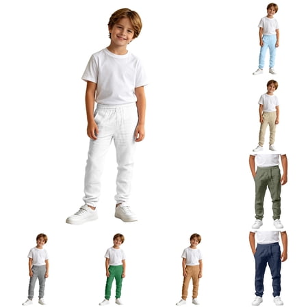 Krdevn Boys Solid Drawstring Ankle Pants Summer Lightweight Woven Straight Casual Trousers with Elastic Waist 5-6 Years White