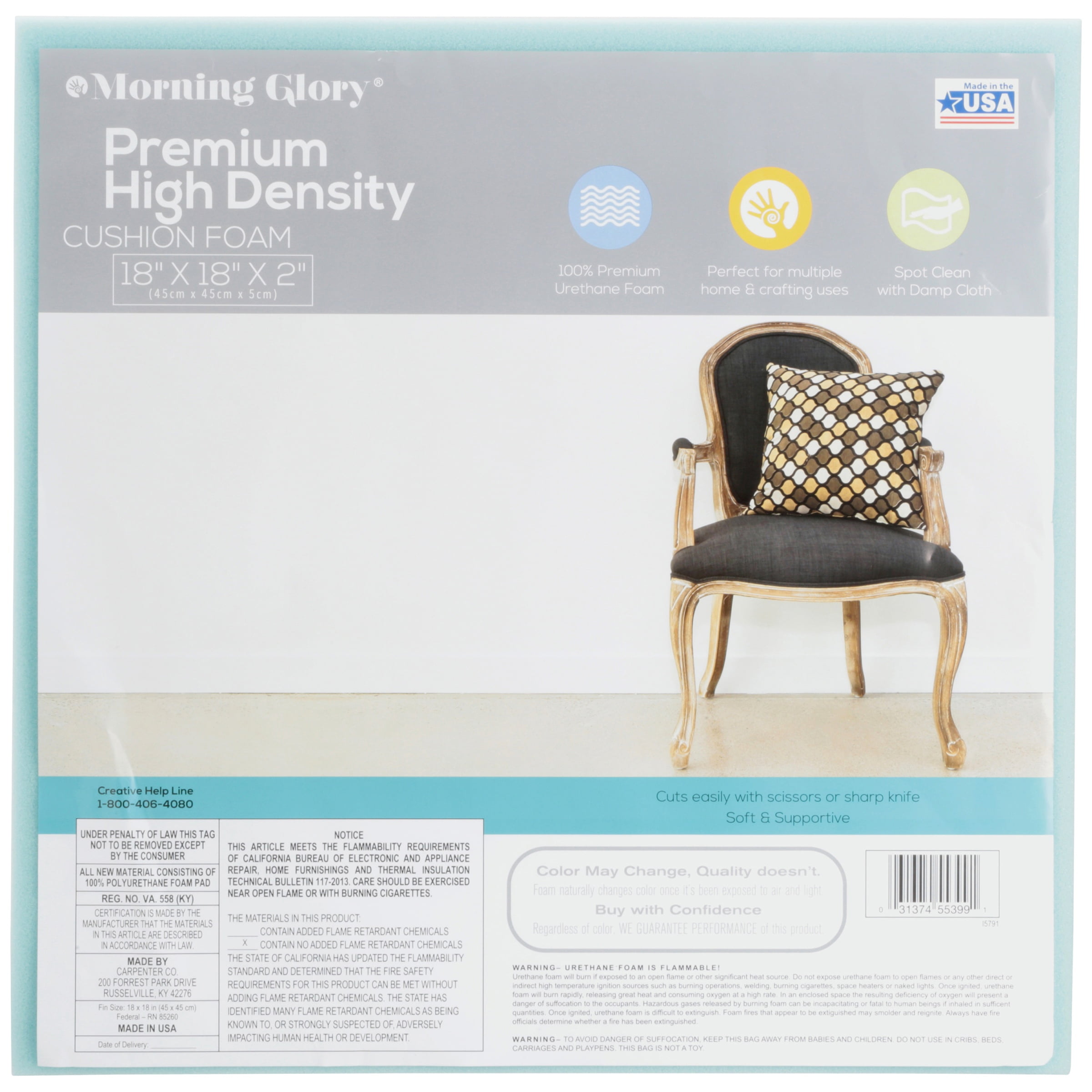 Morning Glory High Density Craft and Cushion Foam, 18x18x2, 1 Each