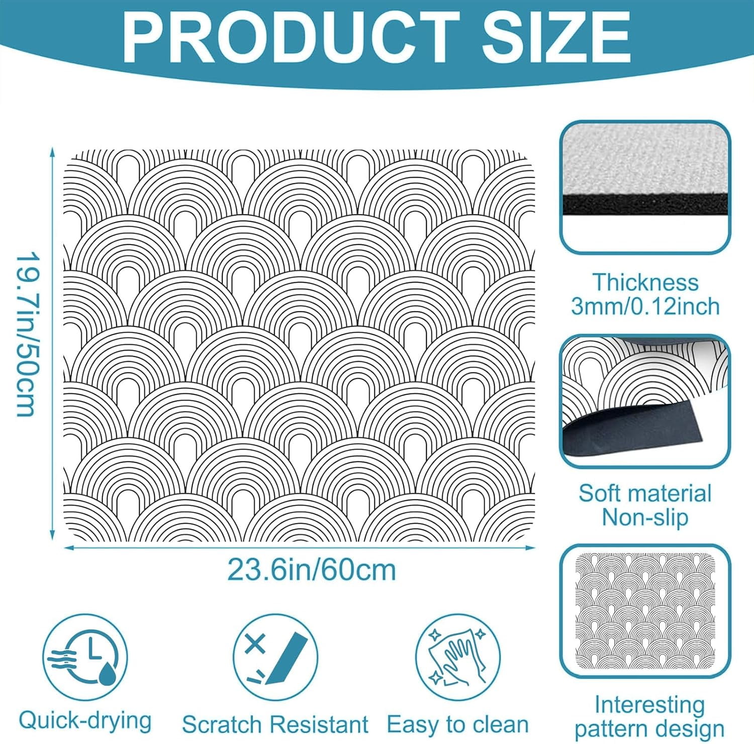 Non-Slip Washer & Dryer Top Cover Protector Mat Dust-Proof Washing Machine Cover Pad With Black White Modern Arched Design Universal 23.6"x19.7" for Laundry Room & Kitchen Decor