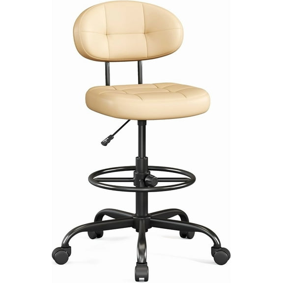 ZYPPP Drafting Chair Without Arms, Tall Office Chair with Footrest Ring for Standing Desk, Small Faux Leather Executive Office Chair with Adjustable Height for Bar Lab Counter Height Desk, Khaki