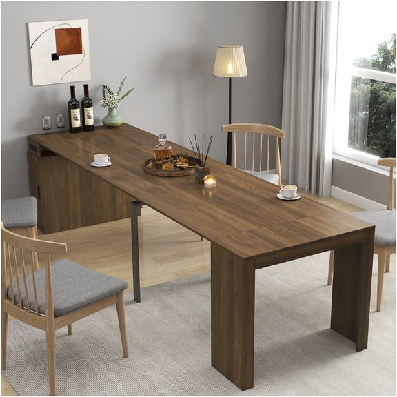 Walnut Expandable Dining Table with Power Outlet, Multifunctional Extending Table with Storage for Home, Parties & Events