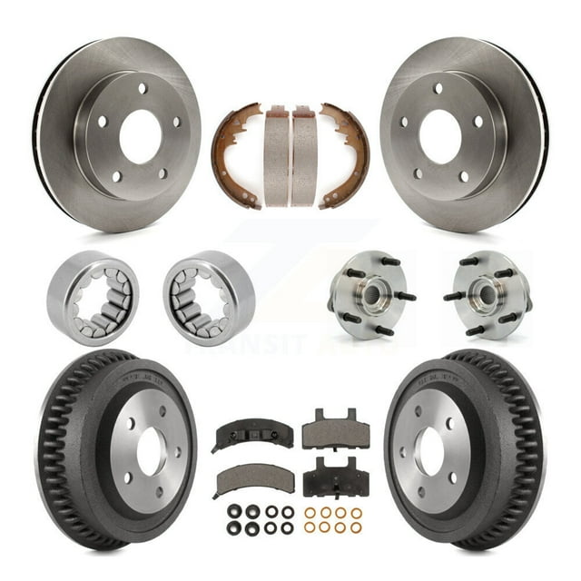 Transit Auto Front Rear Hub Bearings Assembly Disc Brake Rotors and Ceramic Pads Shoes Kit (10Pc) for Car Dodge Ram 1500 with Heavy Duty Axle - Left Right Side (Driver Passenger) KBB-110128