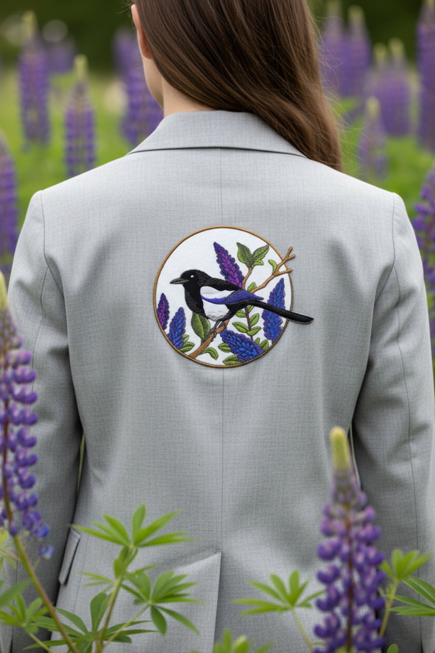 Black Billed Magpie and Lupine Circle Embroidered Iron on Patch [6.3" X 5.9"]
