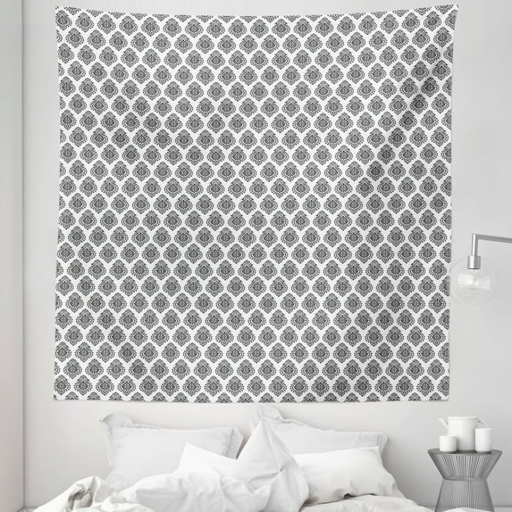 Black and White Tapestry, Monochrome Arrangement of Abstract Oriental Damask Motifs Swirled Lines, Fabric Wall Hanging Decor for Bedroom Living Room Dorm, 5 Sizes, Black White, by Ambesonne