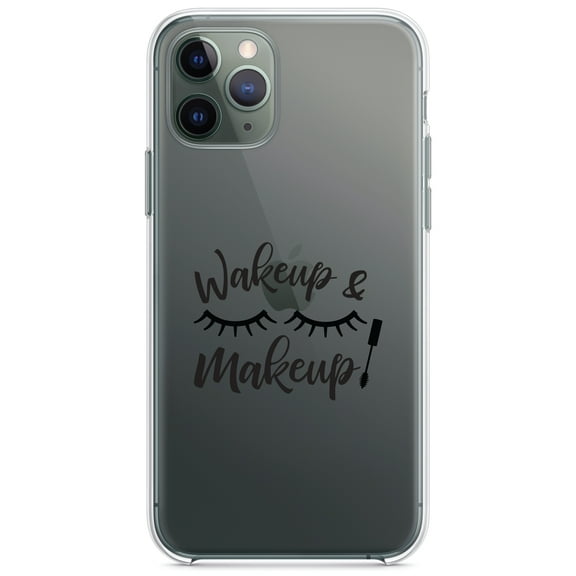 DistinctInk Clear Shockproof Hybrid Case for iPhone 11 (6.1" Screen) - TPU Bumper Acrylic Back Tempered Glass Screen Protector - Wake Up & Makeup - Eye Lashes