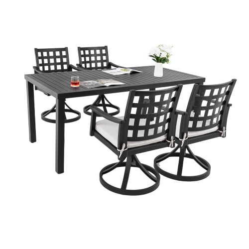Modern Classic 5PC Outdoor Patio Dining Set, A Rectangular Table & Four Swivel Rock Dining Chairs, Cast Aluminum, Rust-Free, Textured Ember Black, Sunbrella Cushion, Weather-Resistant, for Garden