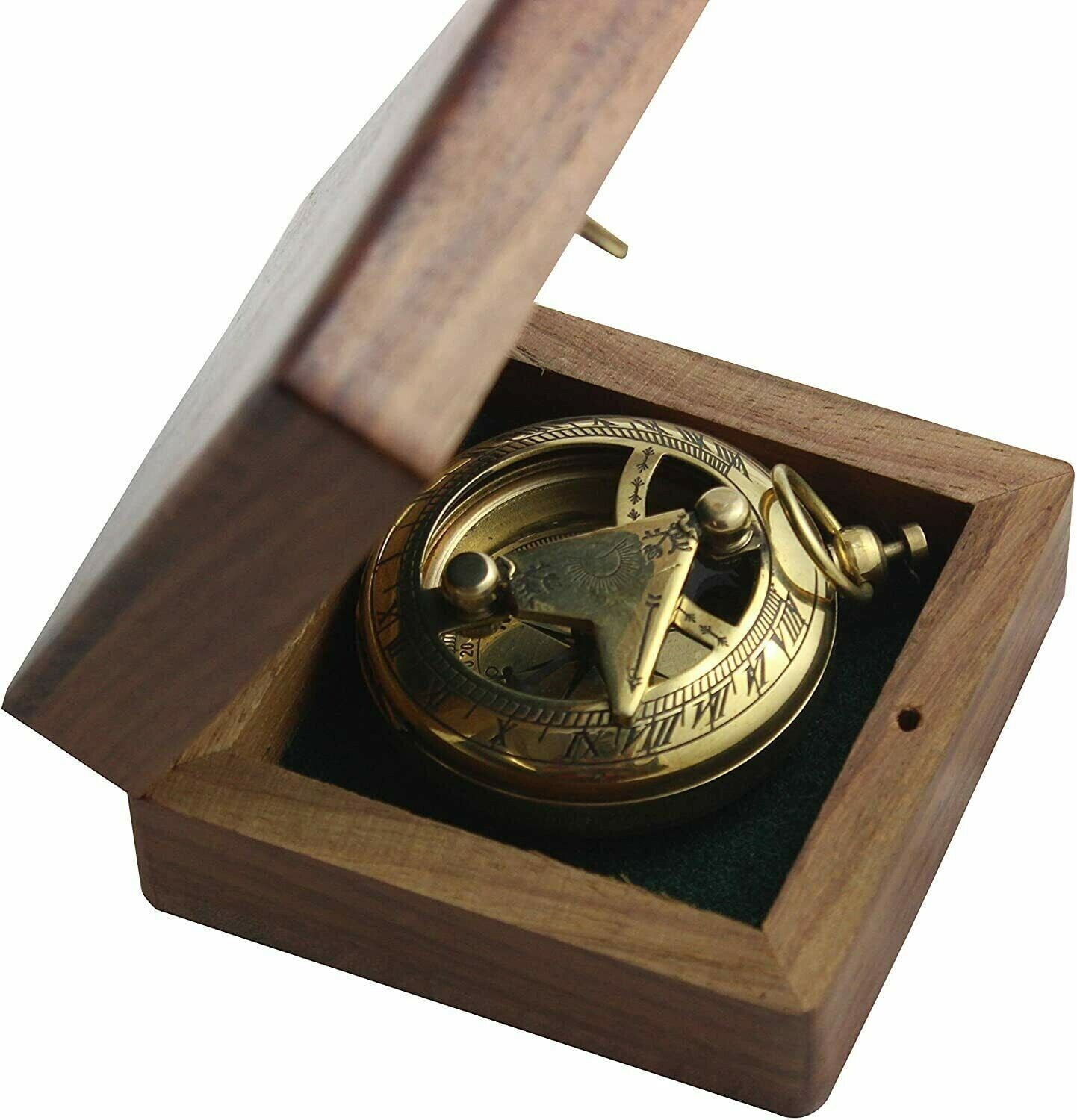 Antique Brass Compass With Wooden Box Navigation Sundial Compass For Gift Item