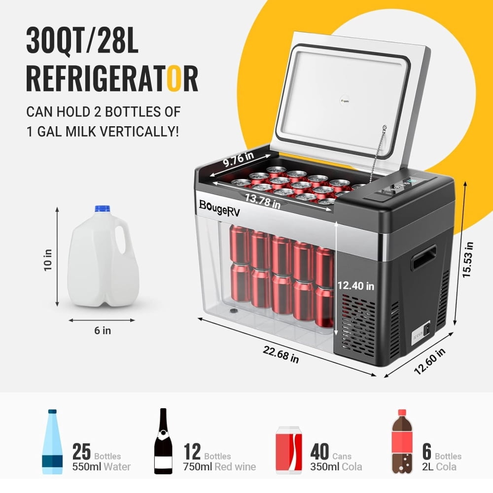 BougeRV Portable Car Refrigerator 30 Qt, 12 Volt Refrigerator Portable Freezer Compressor Cooler with -7℉~50℉ Cooling Range, 12/24V DC 110~240V AC for RV Truck Vehicle Boat Outdoor & Home Use Black