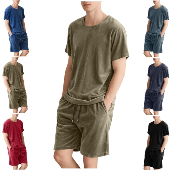 Gamivast Men's Velour Short Set Crewneck T-Shirt and Drawstring Shorts Soft Plush 2 Piece Outfit for Summer Beach Vacation Casual Daily Lounge Attire