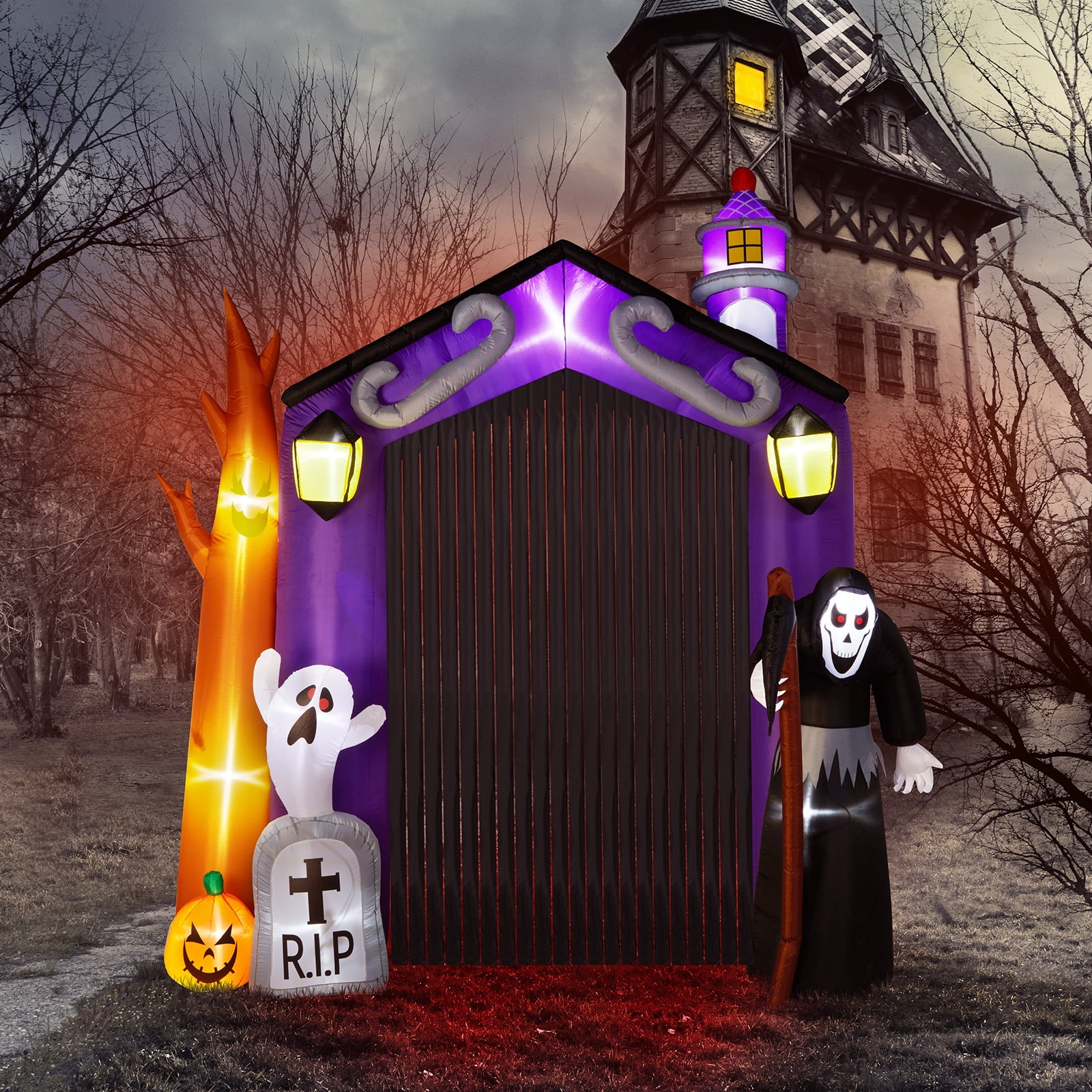 9.8 FT Halloween Inflatable Haunted House Castle Archway with Grim Reaper & Ghost, LED Lights for Yard/Party