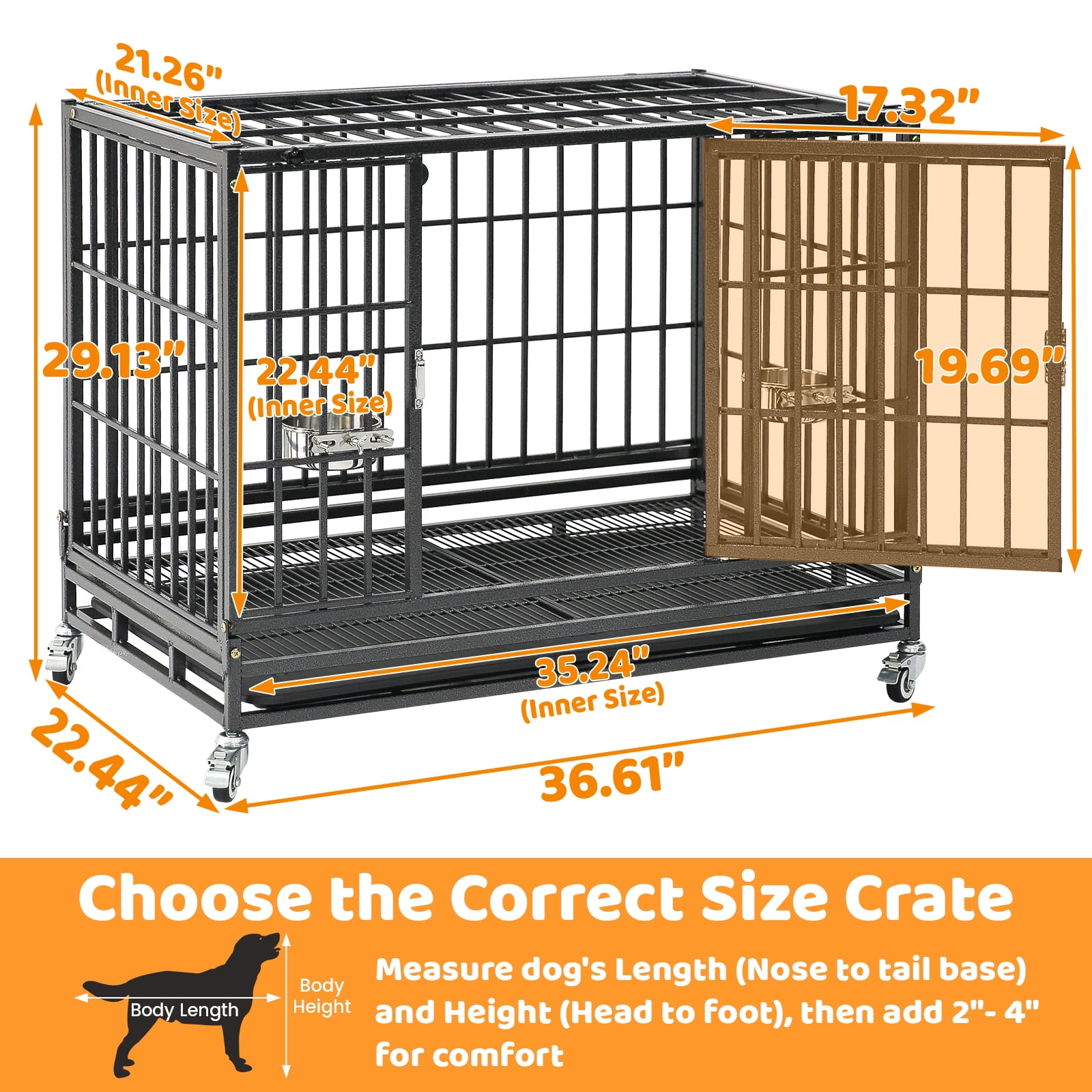 Homey Pet 37 Inch Stackable Heavy Duty Dog Crate Indestructible, Escape Proof Dog Cage with Wheels, Tray, High Anxiety Dog Kennel Indoor Double Door, Collapsible Dog Crates for Medium Dogs