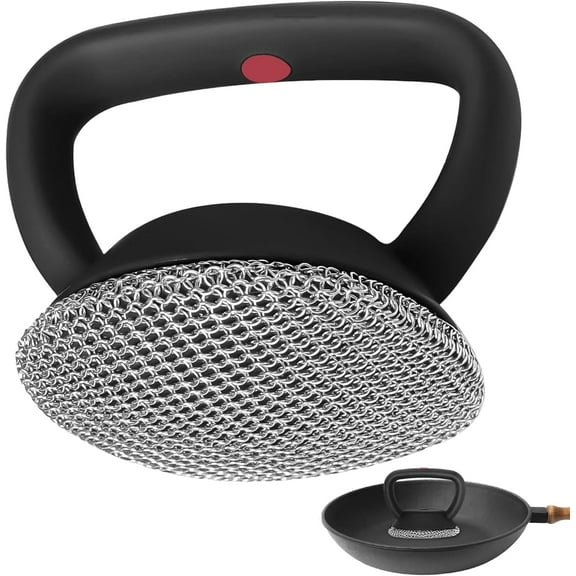 Cast Iron Scrubber Cleaner Brush: 316 Stainless Steel Chainmail Scrubber with Handle, Chain Mail Scrubber Cast Iron for Skillets, Pans,Griddles, Frying Pans, Cast Iron Cookware (Black)