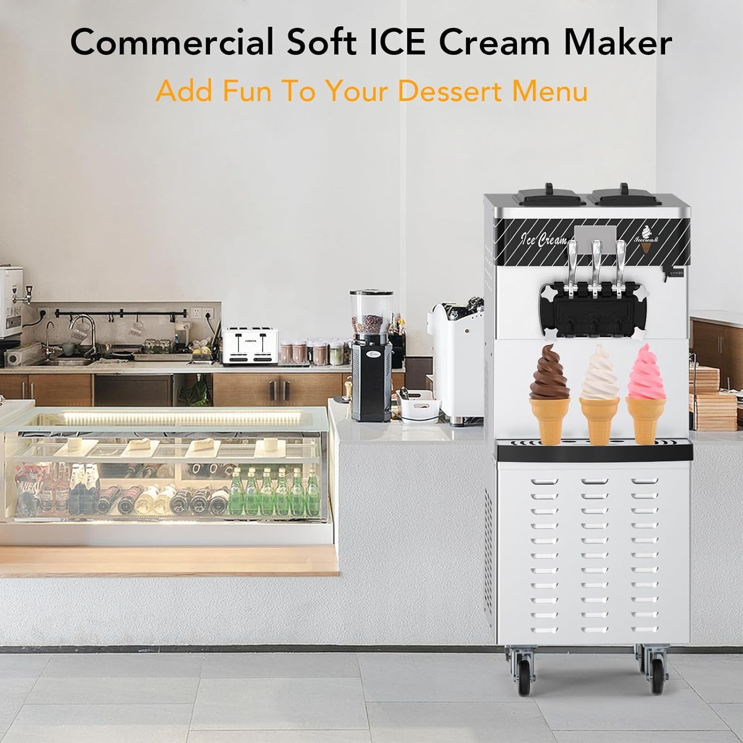 Commercial Soft Serve Ice Cream Machine-2200W Commercial Ice Cream Maker, Fast Cooling, One-Click Cleaning for Cafe, Restaurant and Bars