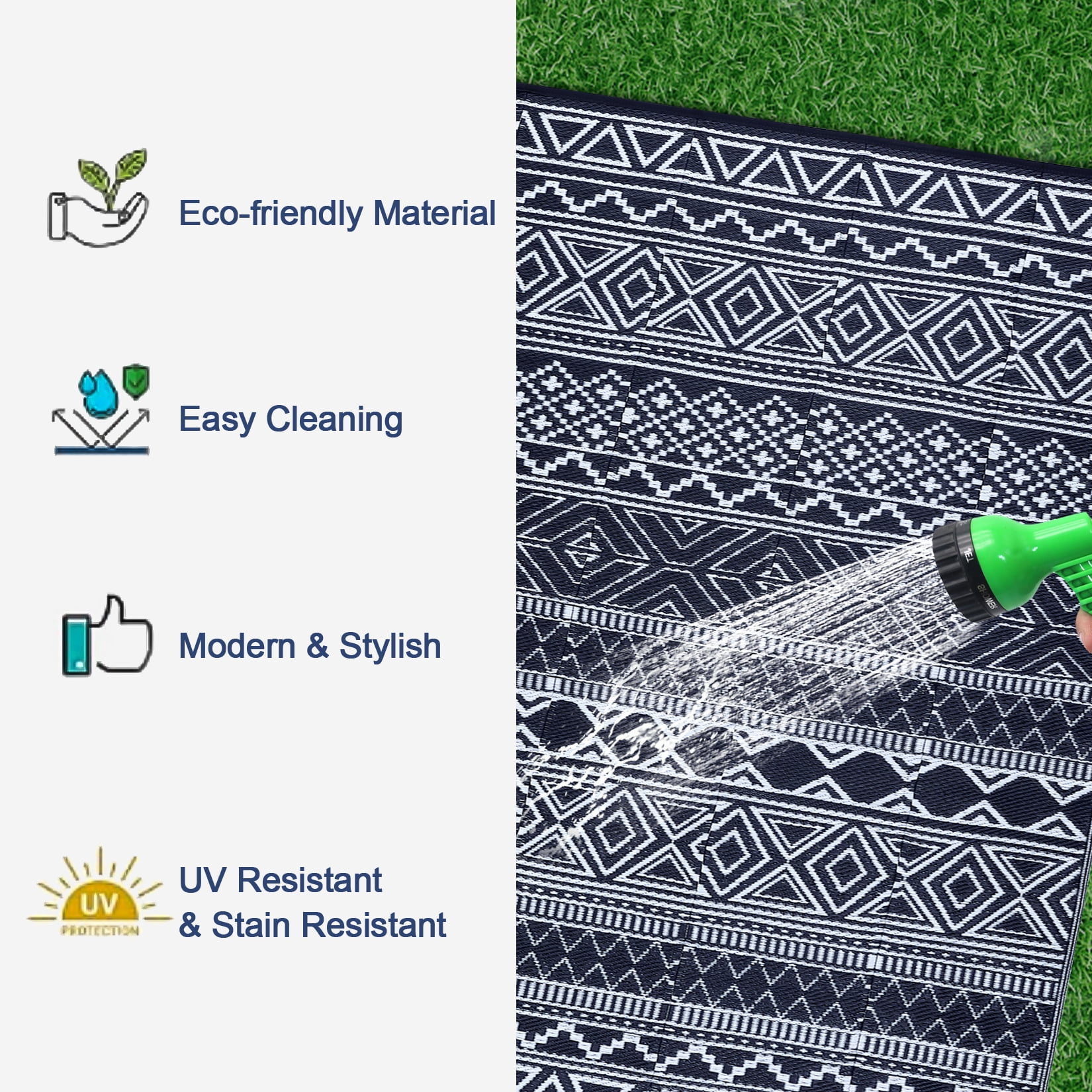 Waterproof Outdoor Rug Modern Patio Plastic Straw, Stain-Resistant Reversible RV Mat, Geometric Indoor Outdoor Carpet for Patio Camping Backyard Deck Garden