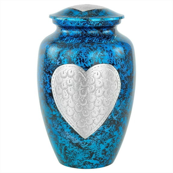 10" Aluminum Cremation Funeral Urns for Adult Human & Pet Loss | Handcrafted Burial Funeral Urns for Cremated Ash Remains Storage (Corazon Blue)