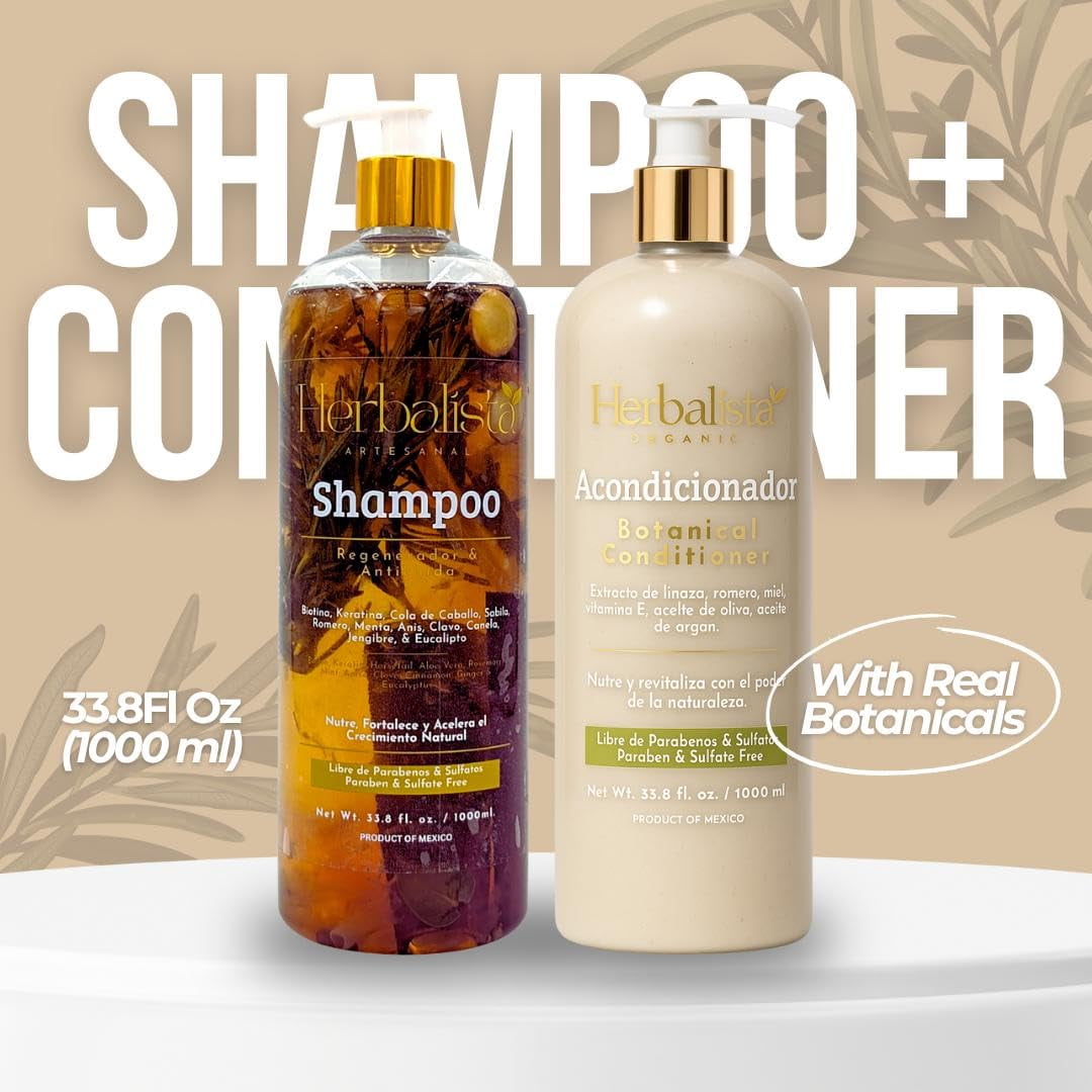 Herbalista Viral 3 Pack Herbal Hair Care Bundle – Shampoo & Conditioner 1000ml (33.8 fl oz) Each + Tonico Capilar 250ml – With Real Botanicals – 3 Piezas Shampoo & Acondicionador + Tonico Capilar.