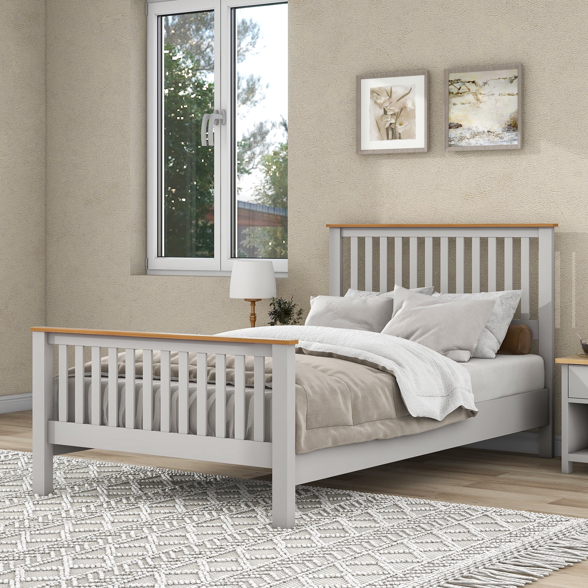 uhomepro Solid Wood Full Platform Bed Frame with Headboards and Footboards, Country Style Full
