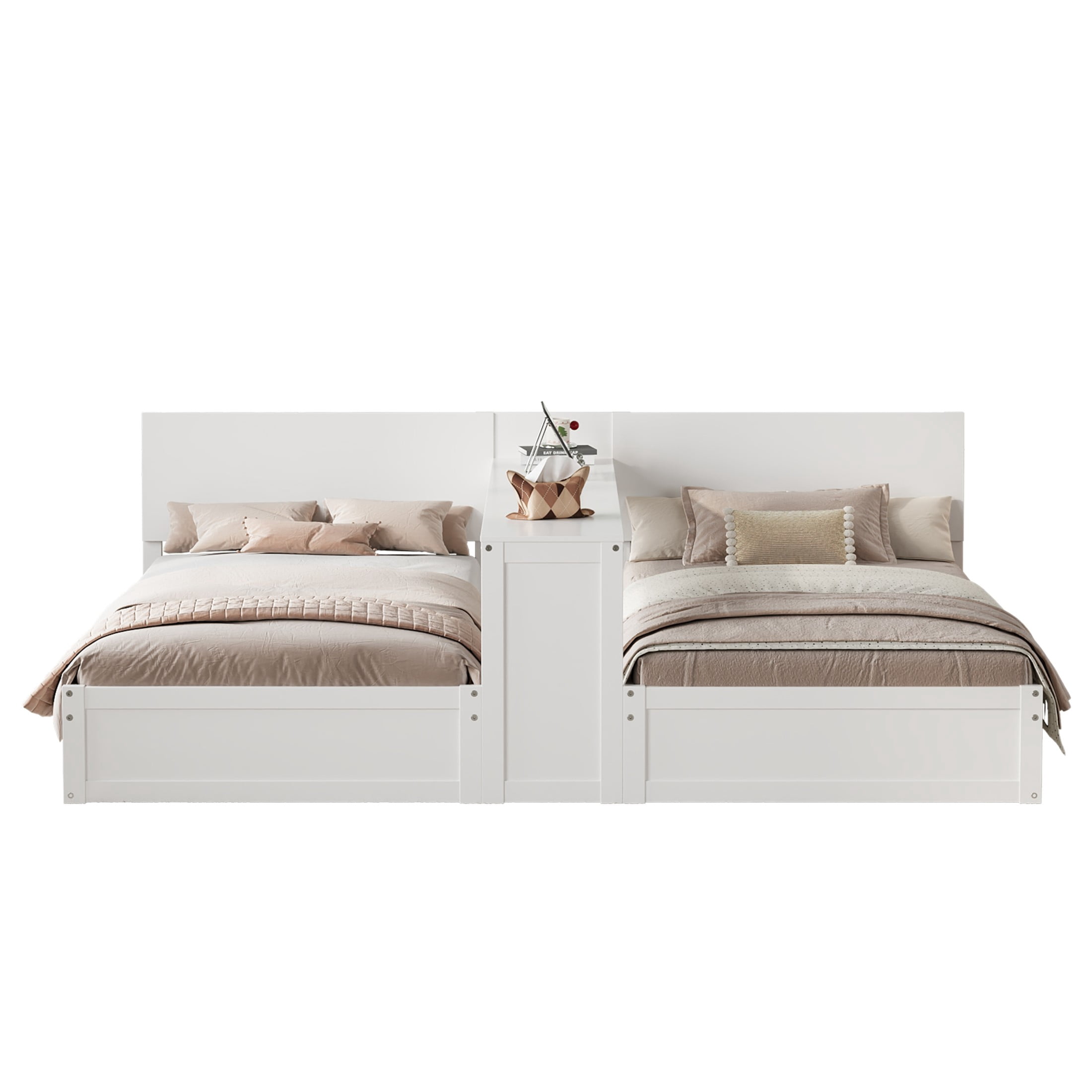 Noble House Girel Twin Platform Bed Frame Set for 2 Kids with Adjustable Storage Desk, Space-Saving Design, White
