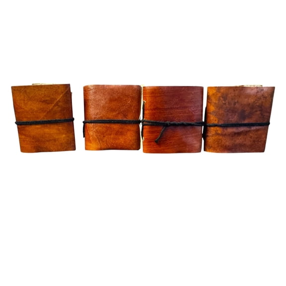 Handmade Leather Mini Journals Set of 4, 3x3 Inch Pocket Notebooks, Brown Paper Pages, Lightweight Travel Diaries (Brown)
