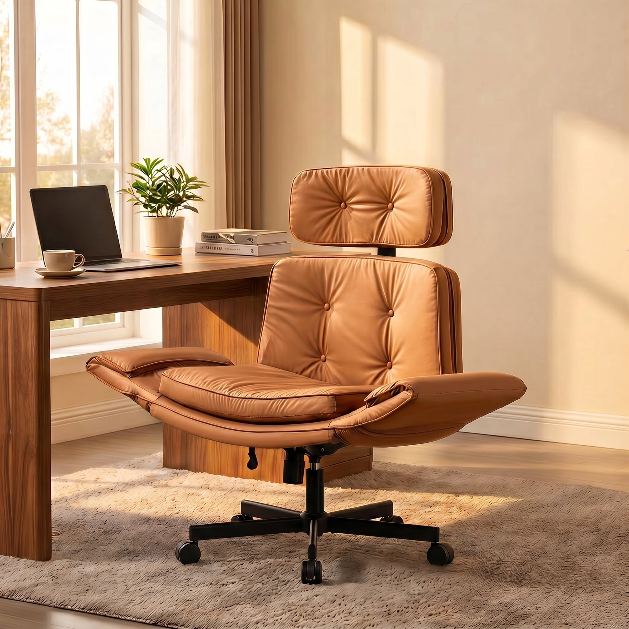 Peispie Criss Cross Office Chair with Adjustable Arms, Leather Cross Legged Desk Chair with Headrest, Wide Seat High Back Swivel Computer Office Chair for Home Office, Brown