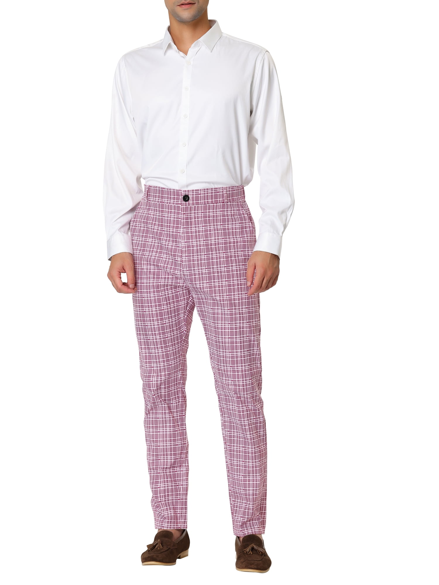 Unique Bargains Men's Plaid Printed Straight Leg Business Casual Checked Pants 38 Pink