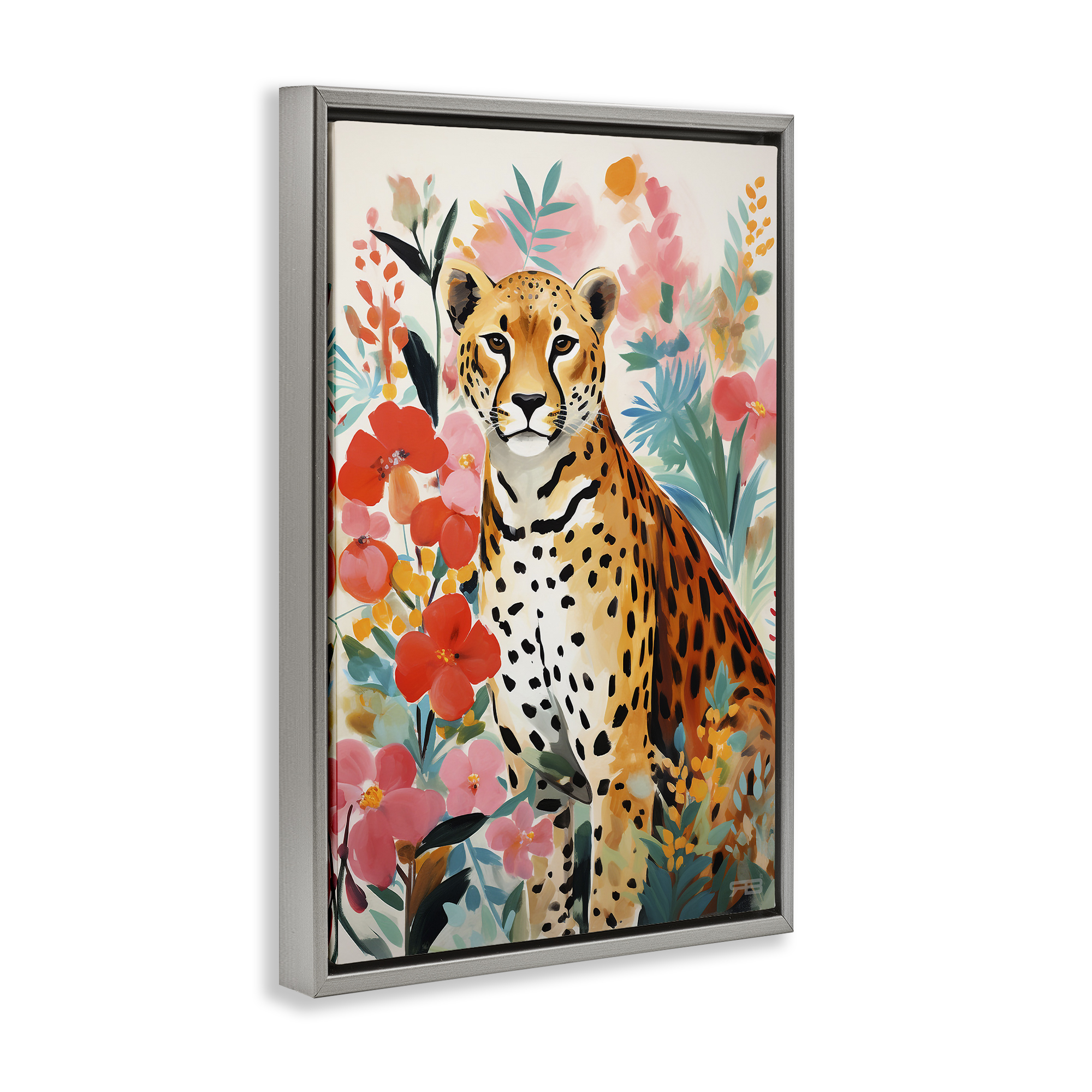Stupell Industries Floral Adorned Leopard Animals & Insects Painting Gray Floater Framed Canvas Art Print Wall Art, 17 x 25