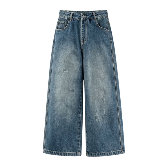 School Boys Baggy Jeans Fashion Casual Washed Blue Loose Wide Leg Zipper Fly Denim Pants with Pockets Tween Boys Washed Pants