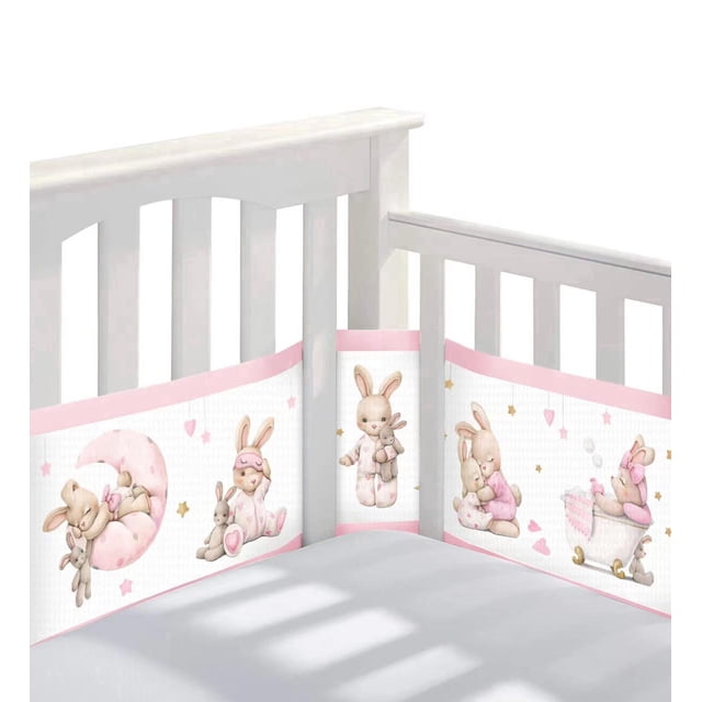 Cojín parachoques bebé (conejo rosa), protector de cabecero, transpirable 3D para verano, desenfundable y lavable.
