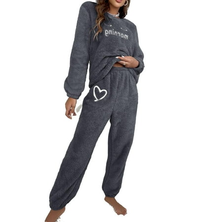 

Casual Letter Graphic Round Neck Pant Sets Long Sleeve Dark Grey Womens Pajama Sets (Women s)