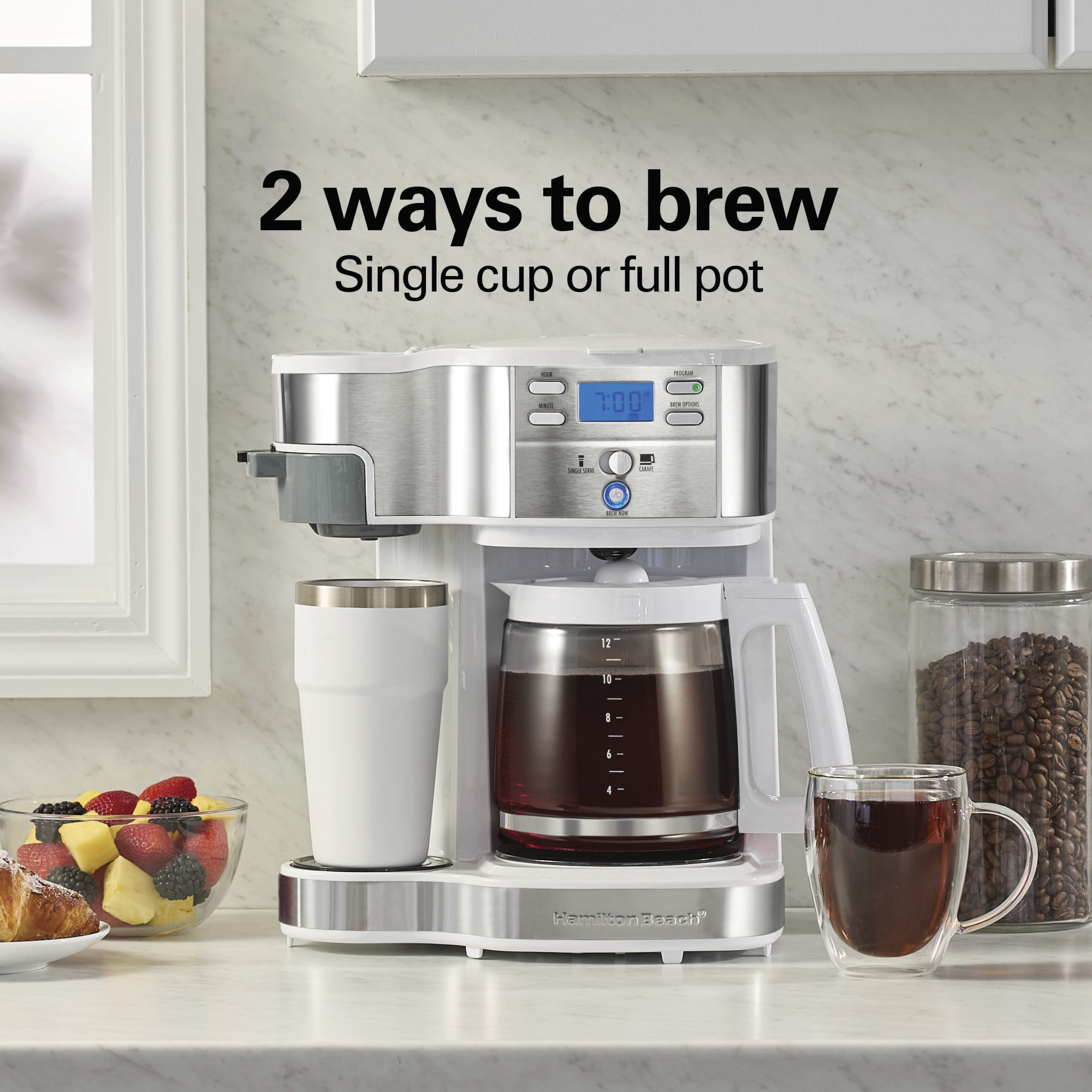 Hamilton Beach 2-Way Programmable Coffee Maker, Single Serve Coffee Maker & 12-Cup Coffee Pot, White