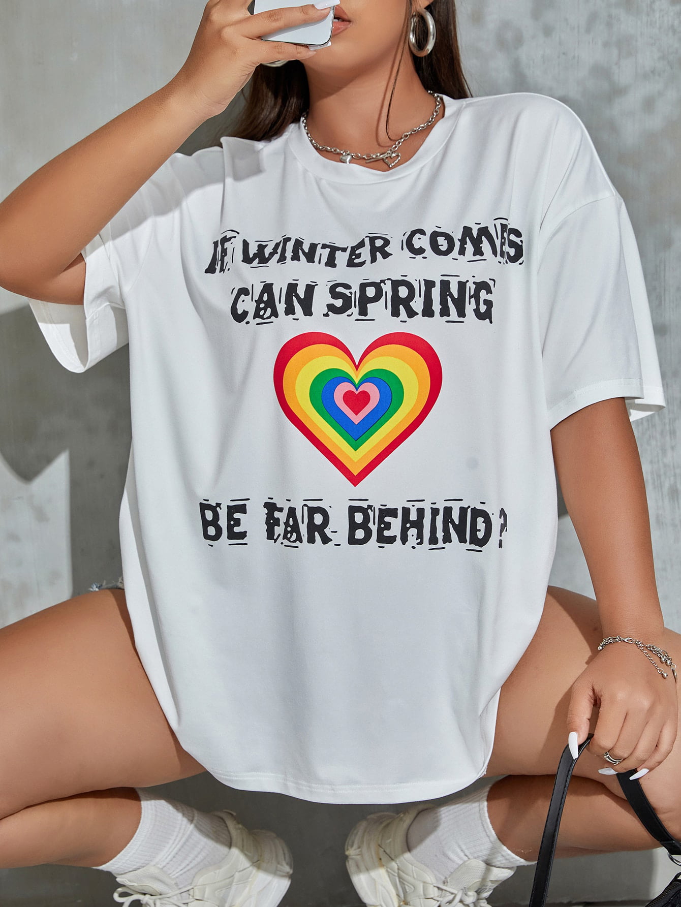 2022 Summer Casual White Women's Plus Heart Slogan Graphic Drop 