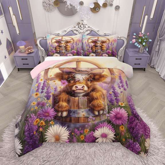 Manfei Highland Cow Bedding Comforter Set 2pcs for Kids, Colorful Daisy Floral Twin Comforter Sets, Rustic Farmhouse Bedding Set, Breathable Home Decor