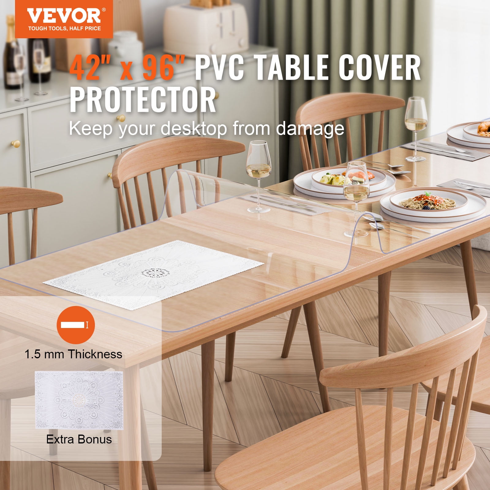 VEVOR Plastic Table Cover, 42 x 96 Inch 1.5 mm Thick Clear Table Protector, Rectangle PVC Desk Mat, Waterproof & Easy Cleaning Desk Pad Tablecloth, for Office Dresser Dining Room Table Night Stand