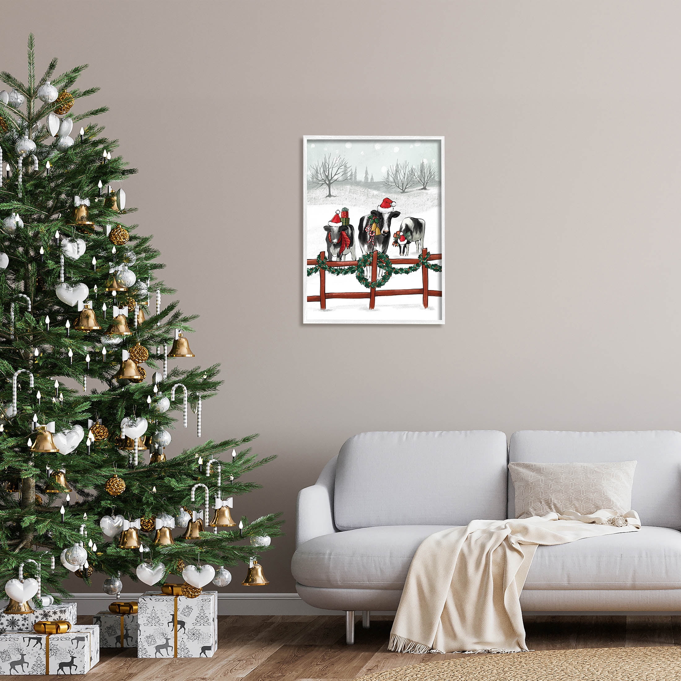 Holiday Cows Farmland Fence Holiday Graphic Art White Framed Art Print Wall Art