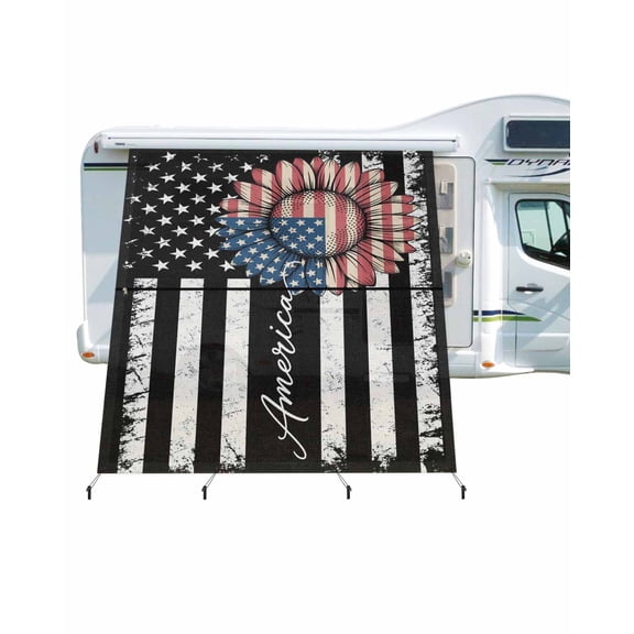 4th of July RV Awning Sun Shade Screen 9'X7' Black American Flag Mesh Sunscreen Patriotic Stars Sunflower Awning Shade Screen with Zipper UV Blocker Completed Kits for RV Motorhome Camper